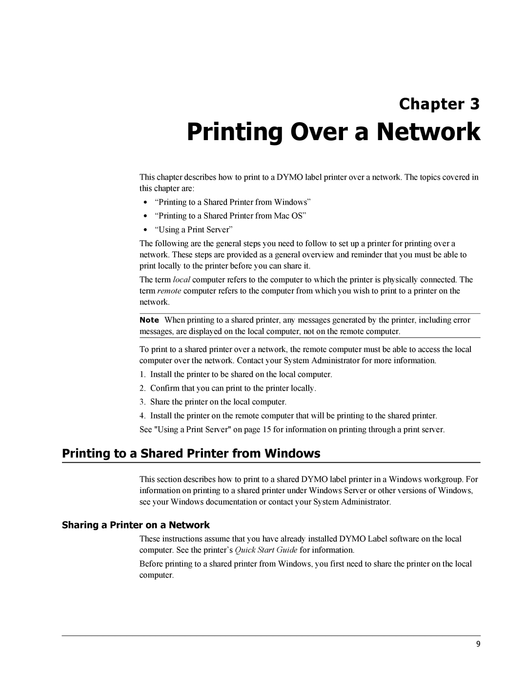 Dymo 450 Duo, SE450 Printing Over a Network, Printing to a Shared Printer from Windows, Sharing a Printer on a Network 