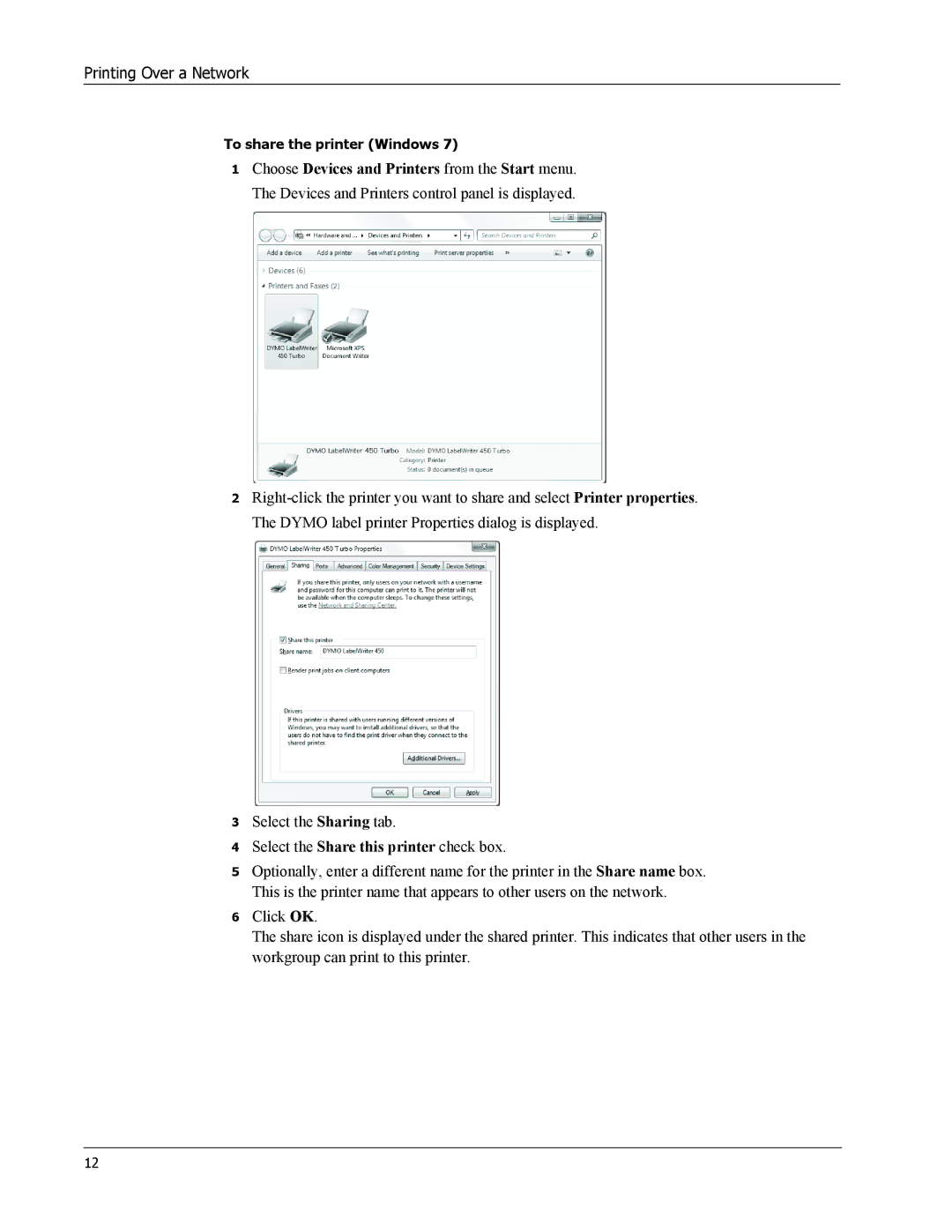 Dymo 450 TWIN TURBO, SE450, 450 TURBO, 450 Duo manual To share the printer Windows 