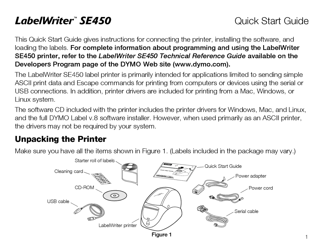 Dymo SE450 quick start Quick Start Guide, Unpacking the Printer 