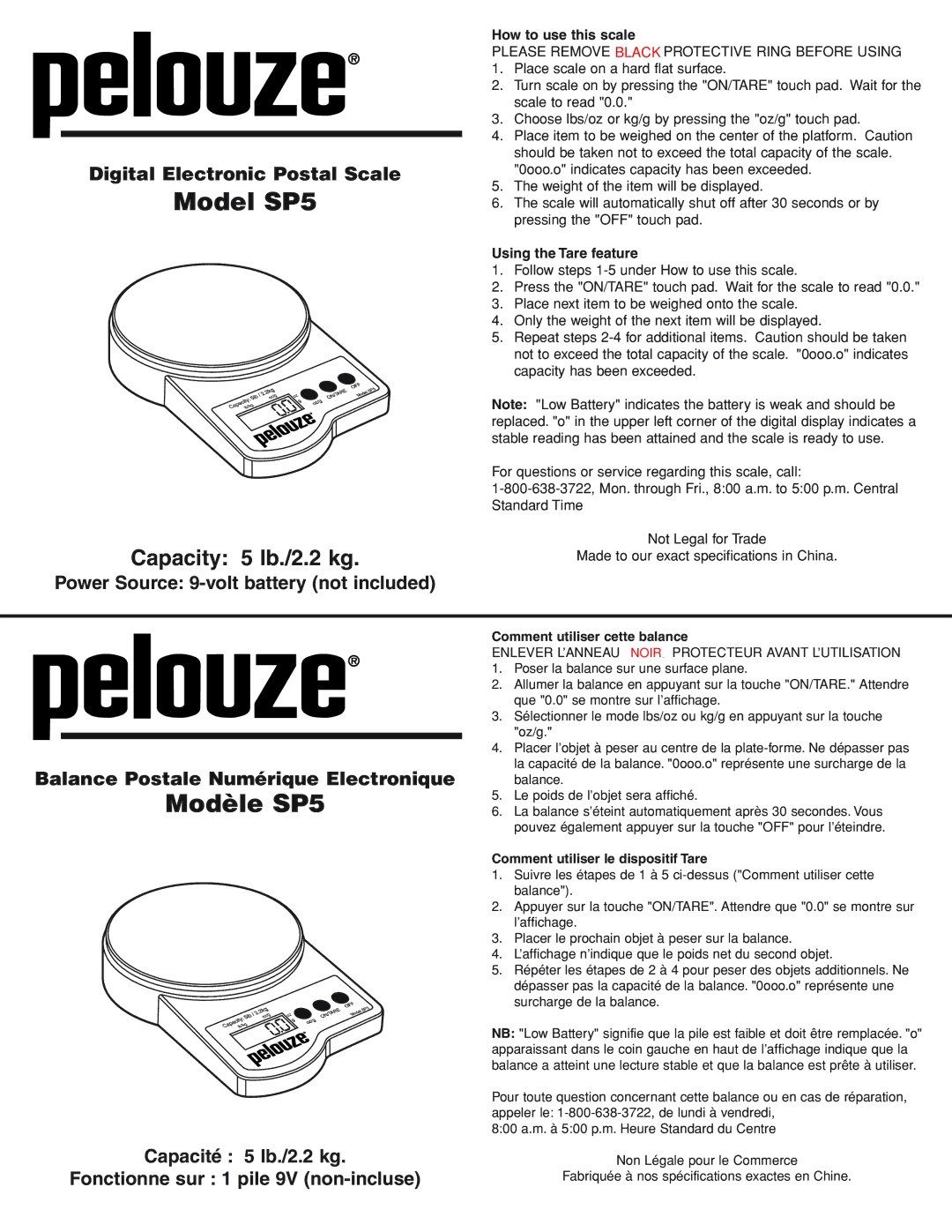 Dymo SP5 specifications Comment utiliser cette balance, Comment utiliser le dispositif Tare 