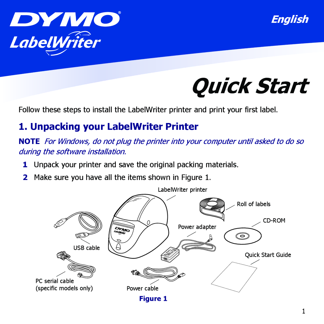 Dymo TESA2 -2401000 quick start Quick Start, Unpacking your LabelWriter Printer 