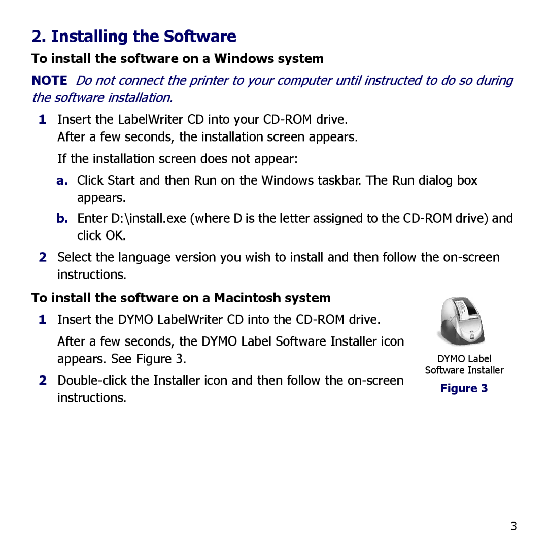 Dymo TESA2 -2401000 quick start Installing the Software, To install the software on a Windows system 