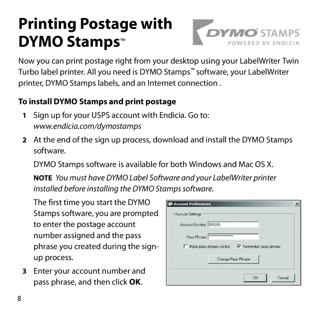 Dymo Twin Turbo quick start Printing Postage with Dymo Stamps, To install Dymo Stamps and print postage 