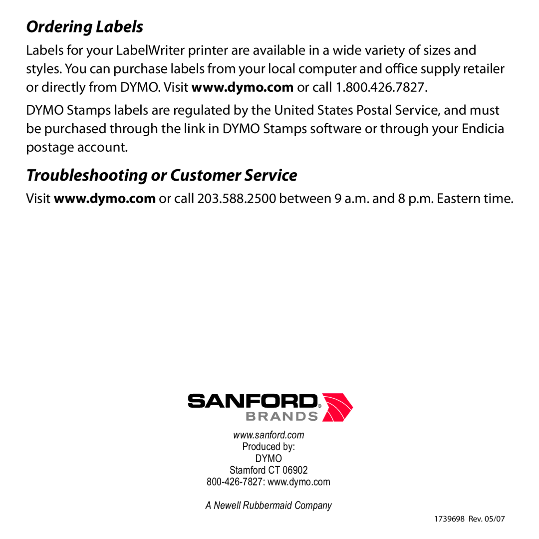 Dymo Twin Turbo quick start Troubleshooting or Customer Service 