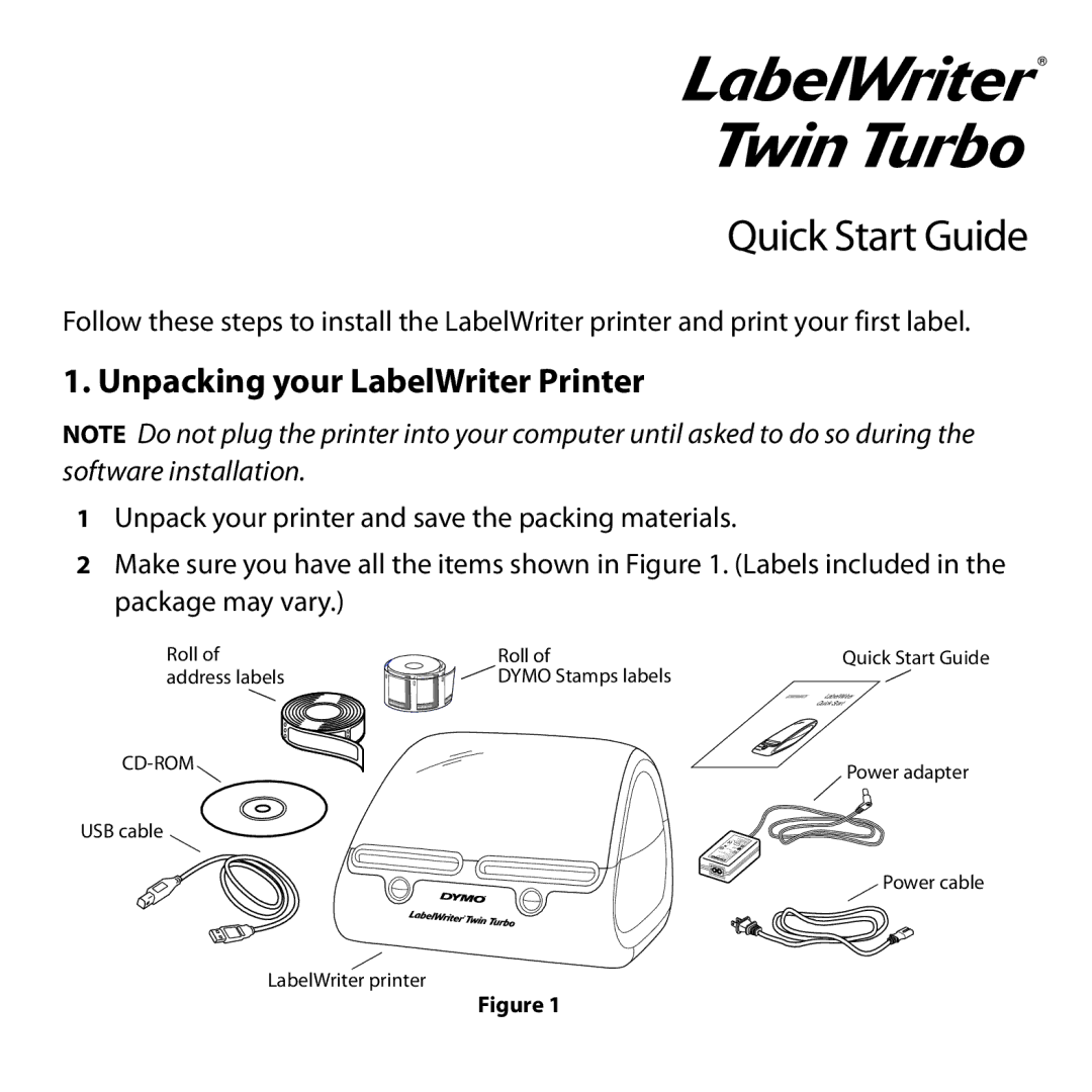 Dymo Twin Turbo quick start Quick Start Guide, Unpacking your LabelWriter Printer 