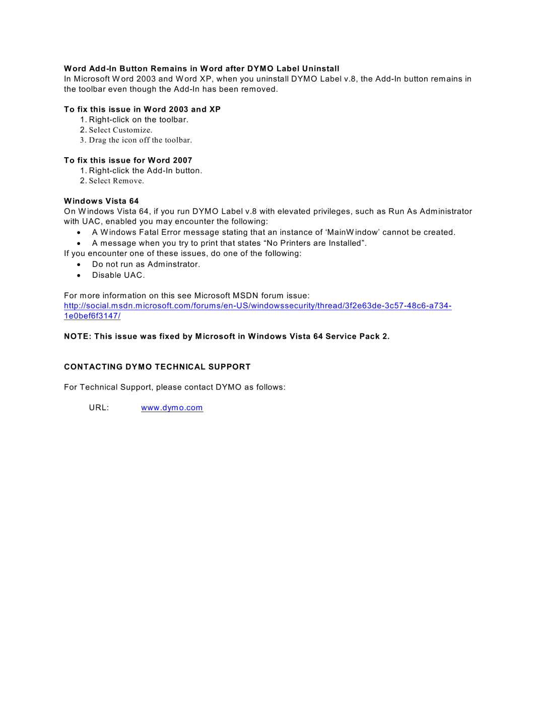 Dymo v8.3 manual To fix this issue in Word 2003 and XP, To fix this issue for Word, Windows Vista 