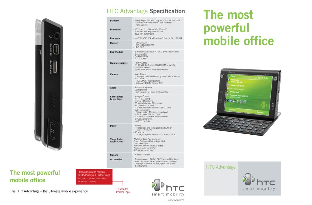 Dymo Windows Mobile SmartPhone, XR user manual The most powerful mobile office, HTC Advantage Specification 