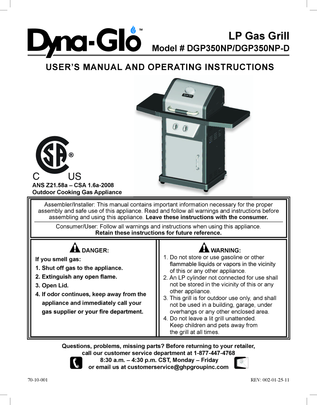 Dyna-Glo DGP350NP-D user manual ANS Z21.58a CSA 1.6a-2008 Outdoor Cooking Gas Appliance 