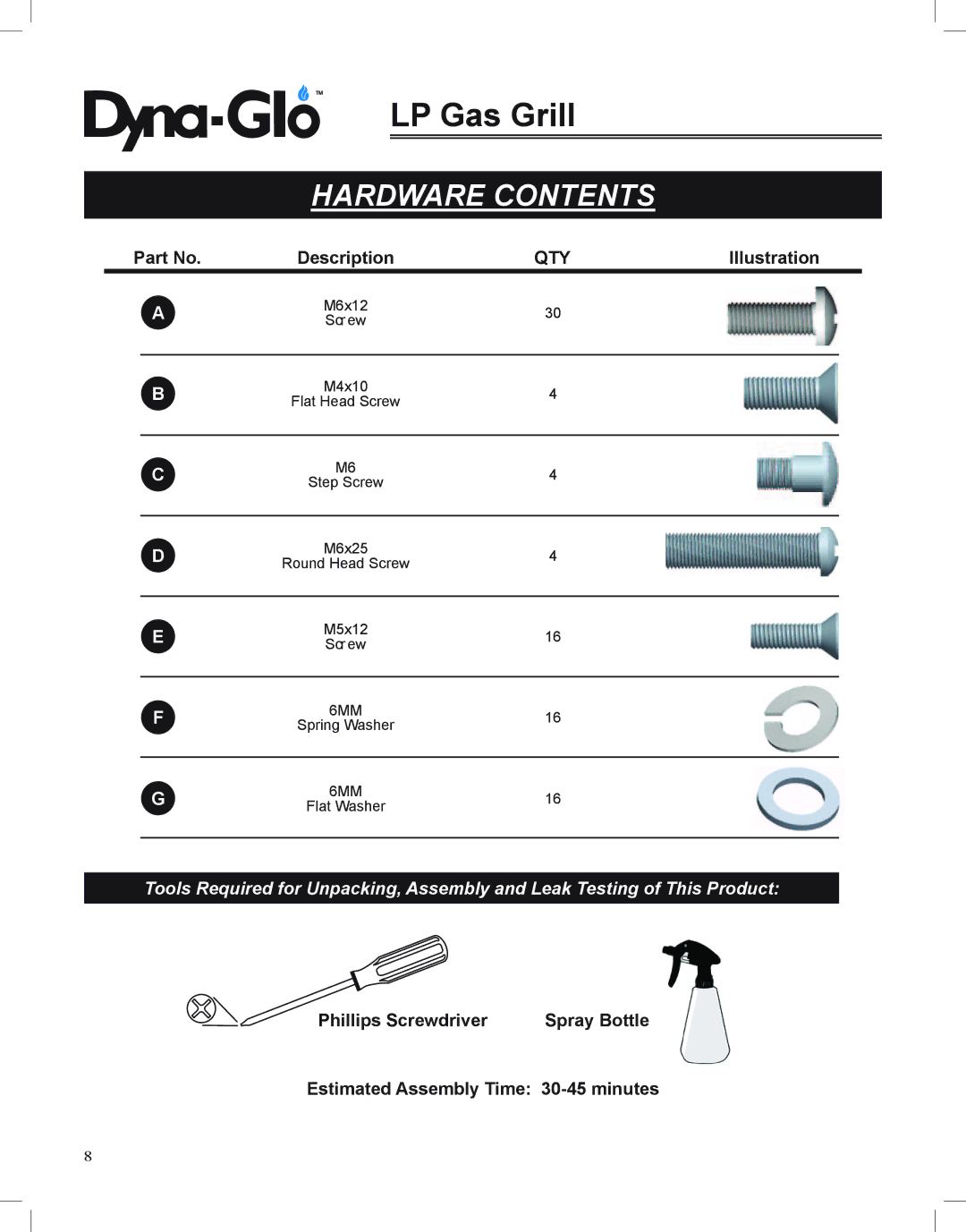 Dyna-Glo DGP350NP-D user manual Hardware Contents 