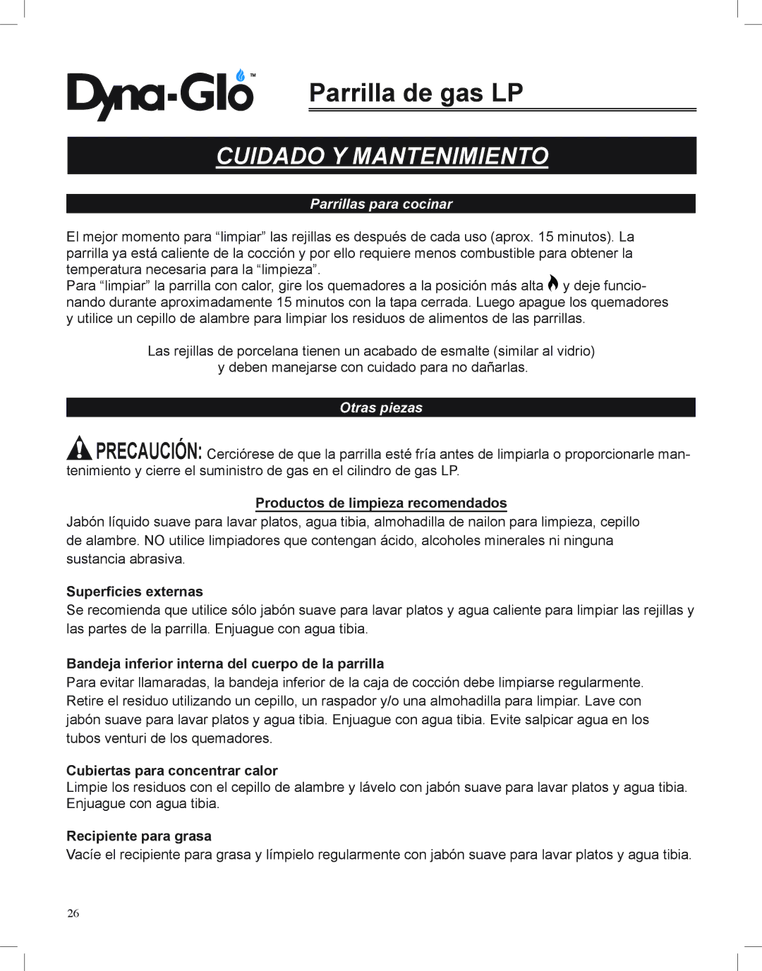 Dyna-Glo DGP350NP-D user manual Cuidado Y Mantenimiento, Parrillas para cocinar, Otras piezas 