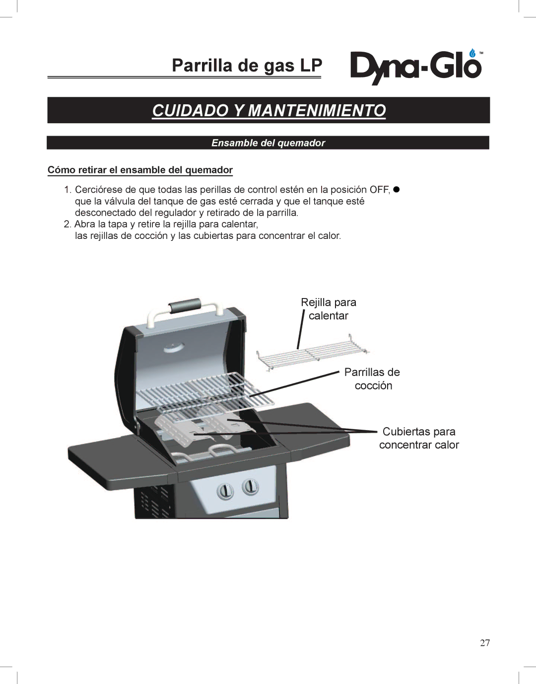 Dyna-Glo DGP350NP-D user manual Ensamble del quemador, Cómo retirar el ensamble del quemador 