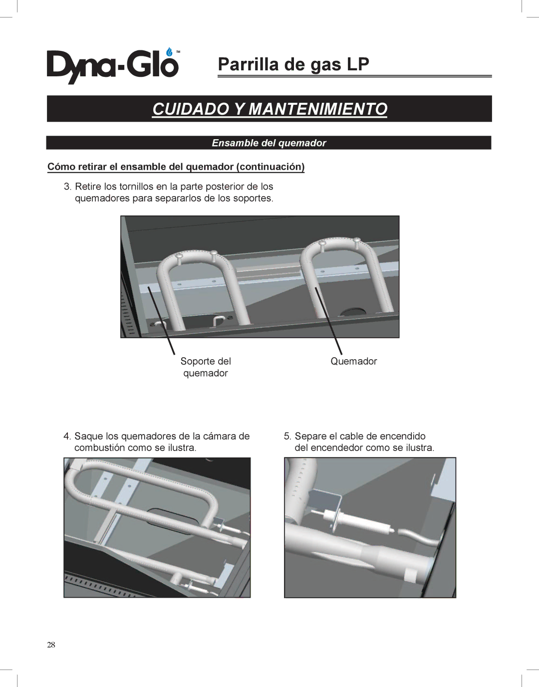 Dyna-Glo DGP350NP-D user manual Cómo retirar el ensamble del quemador continuación 