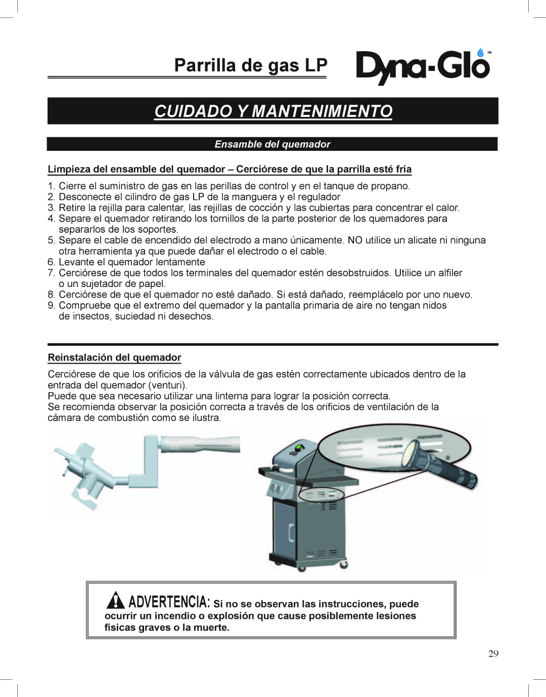 Dyna-Glo DGP350NP-D user manual Reinstalación del quemador 