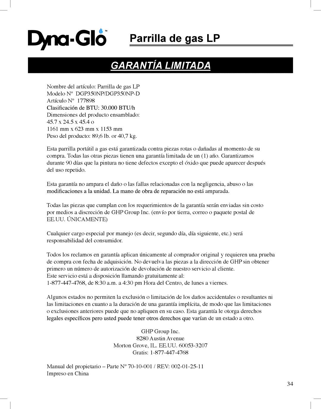 Dyna-Glo DGP350NP-D user manual Garantía Limitada, EE.UU. Únicamente 