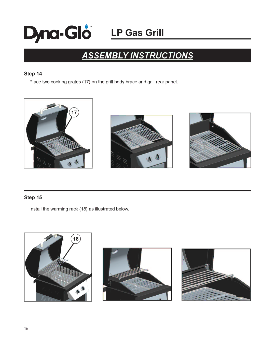 Dyna-Glo DGP350NP-D user manual Install the warming rack 18 as illustrated below 