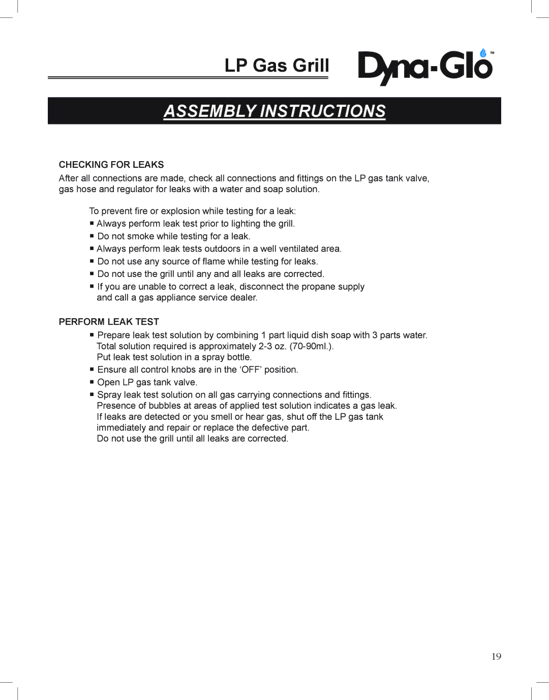 Dyna-Glo DGP350NP-D user manual Checking for Leaks 