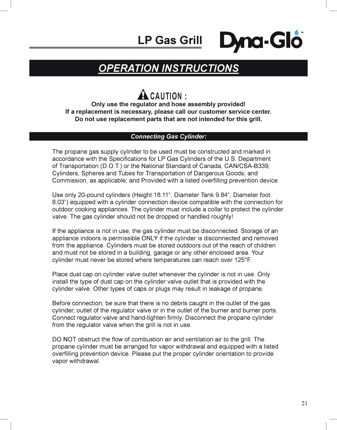 Dyna-Glo DGP350NP-D user manual Operation Instructions, Connecting Gas Cylinder 