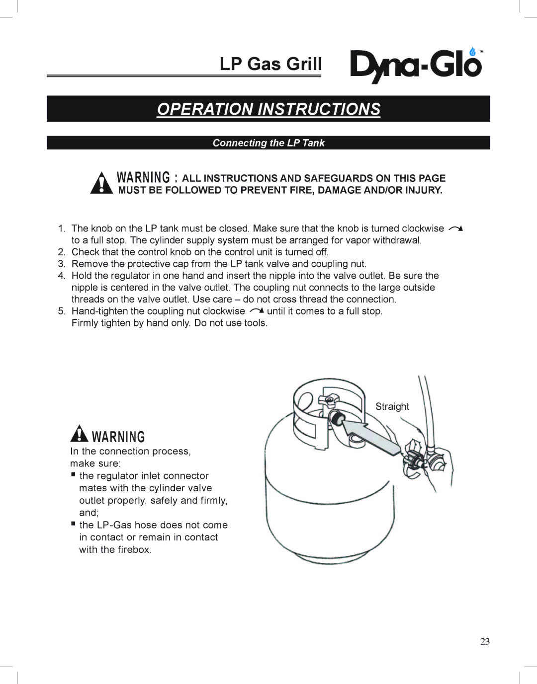 Dyna-Glo DGP350NP-D user manual Connecting the LP Tank 