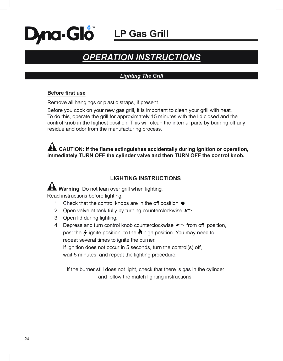 Dyna-Glo DGP350NP-D user manual Lighting The Grill, Before first use 