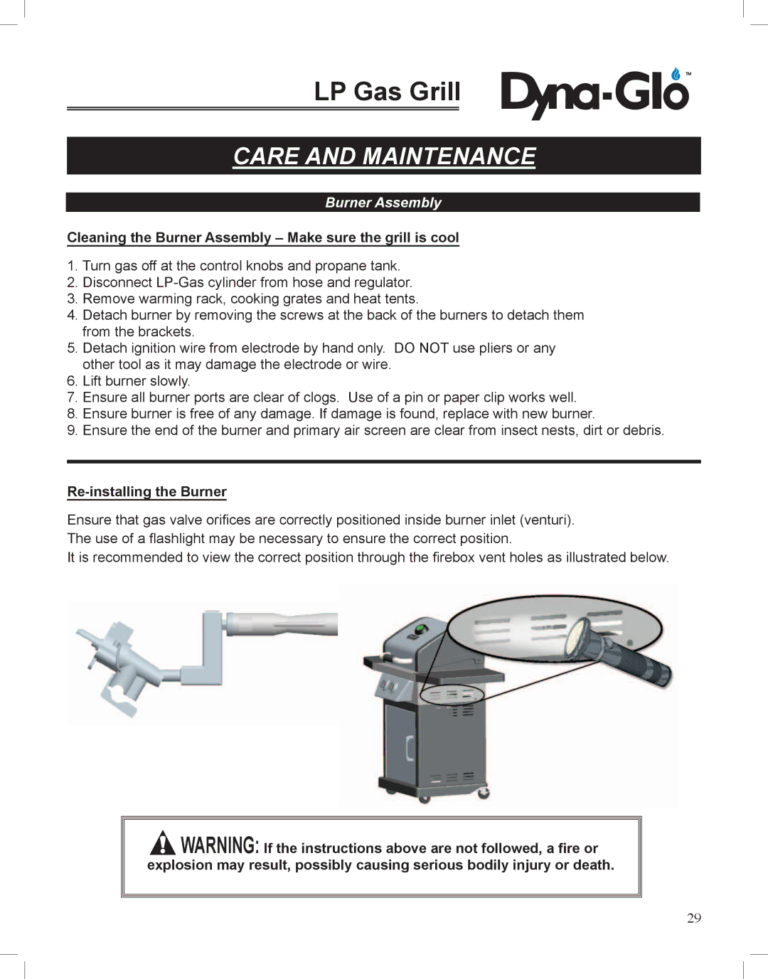 Dyna-Glo DGP350NP-D user manual Cleaning the Burner Assembly Make sure the grill is cool, Re-installing the Burner 