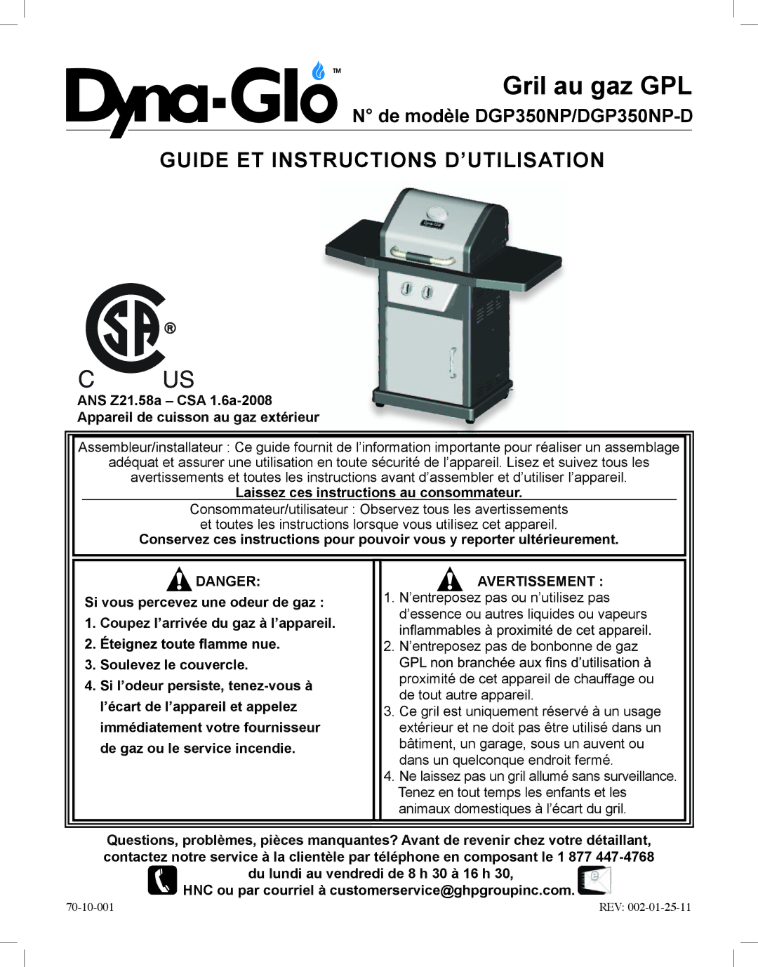 Dyna-Glo DGP350NP-D user manual Gril au gaz GPL, Laissez ces instructions au consommateur 