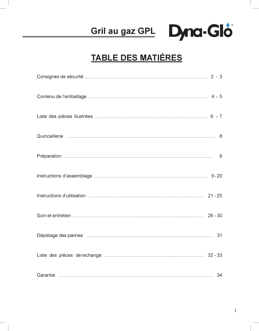 Dyna-Glo DGP350NP-D user manual Table DES Matières 