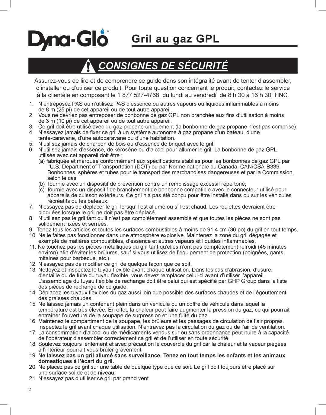 Dyna-Glo DGP350NP-D user manual Consignes DE Sécurité 