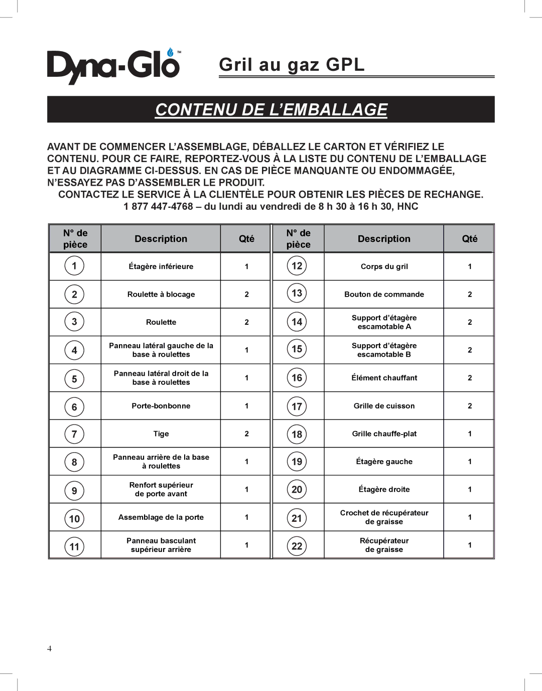 Dyna-Glo DGP350NP-D user manual Contenu DE L’EMBALLAGE, 877 447-4768 du lundi au vendredi de 8 h 30 à 16 h 30, HNC 