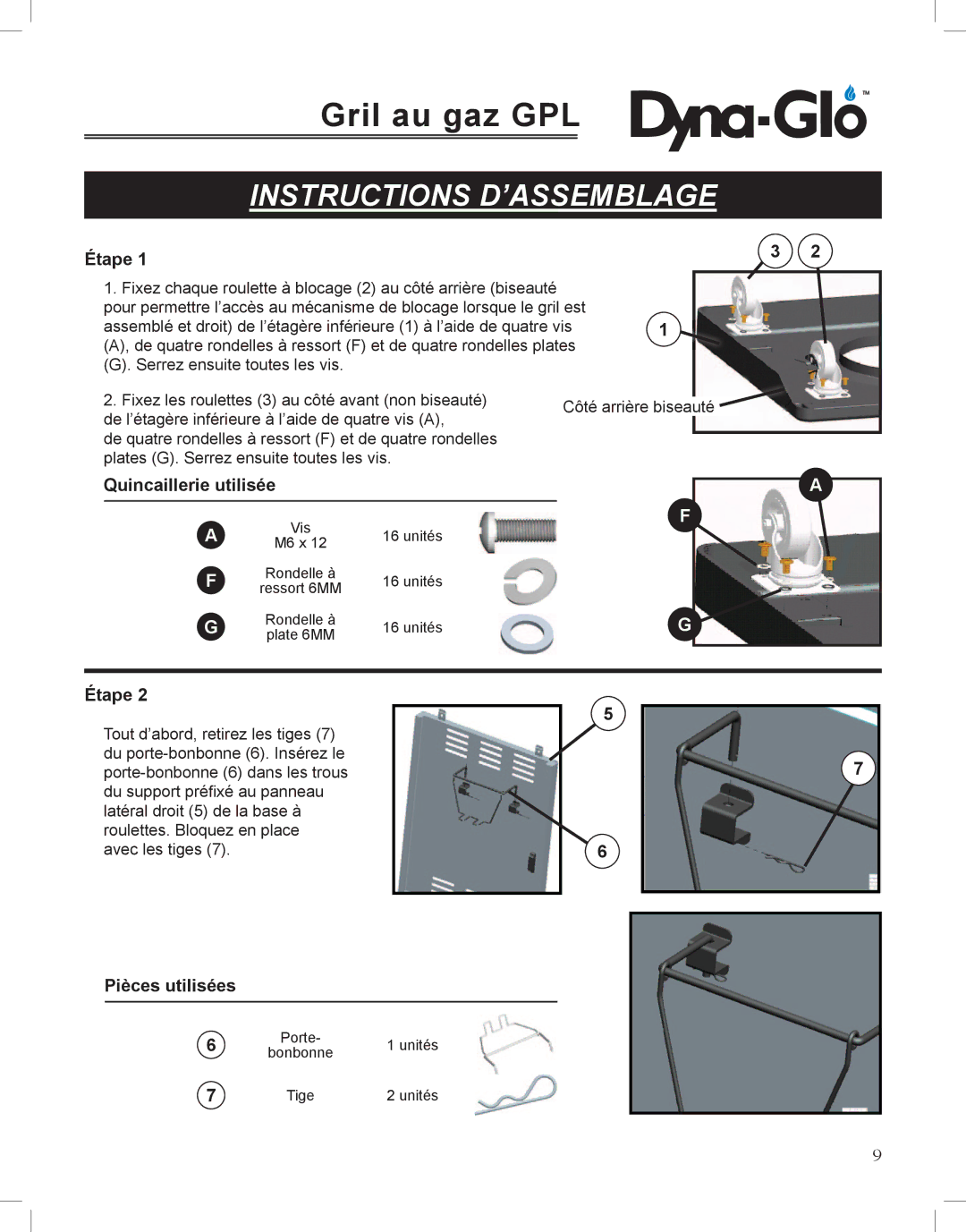 Dyna-Glo DGP350NP-D user manual Instructions D’ASSEMBLAGE, Étape, Quincaillerie utilisée, Pièces utilisées 