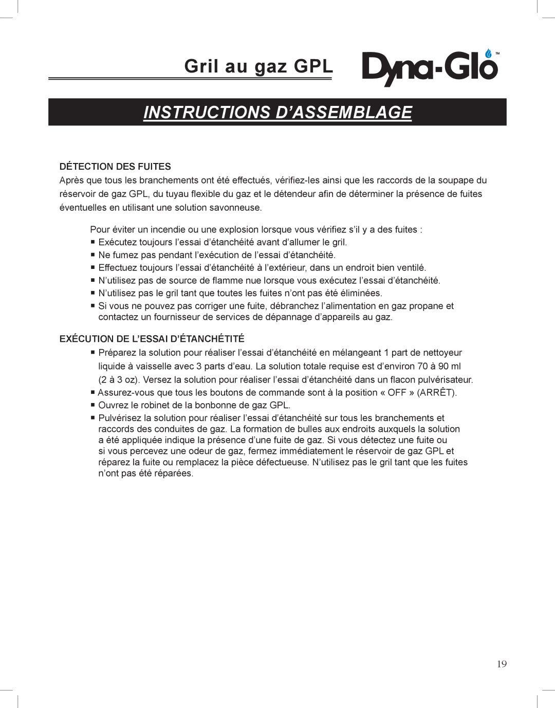 Dyna-Glo DGP350NP-D user manual Détection DES Fuites 