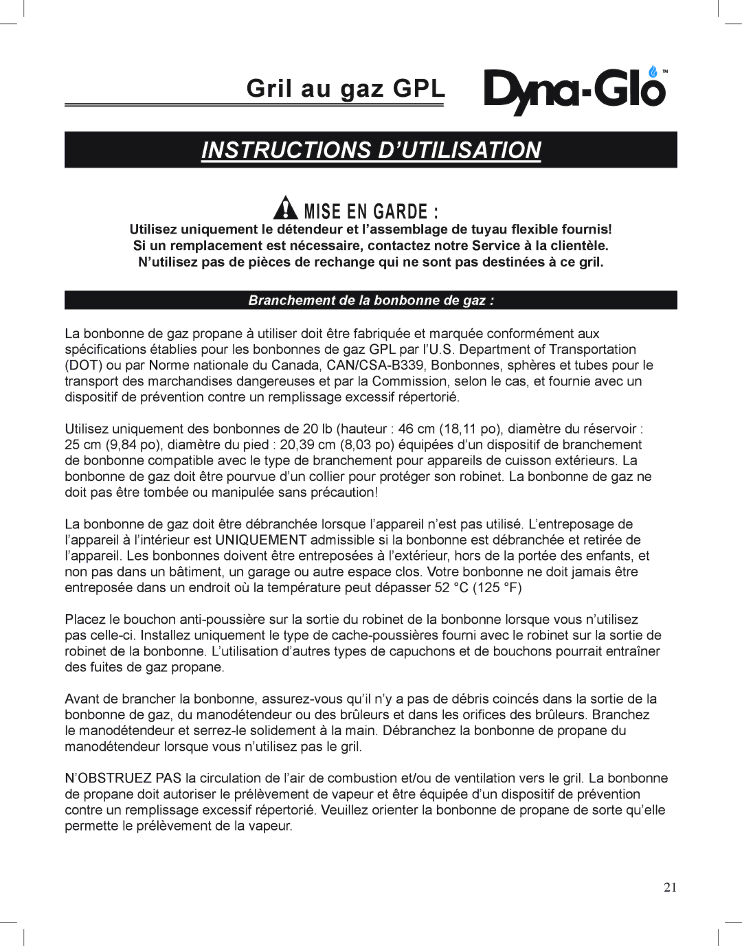 Dyna-Glo DGP350NP-D user manual Instructions D’UTILISATION, Branchement de la bonbonne de gaz 