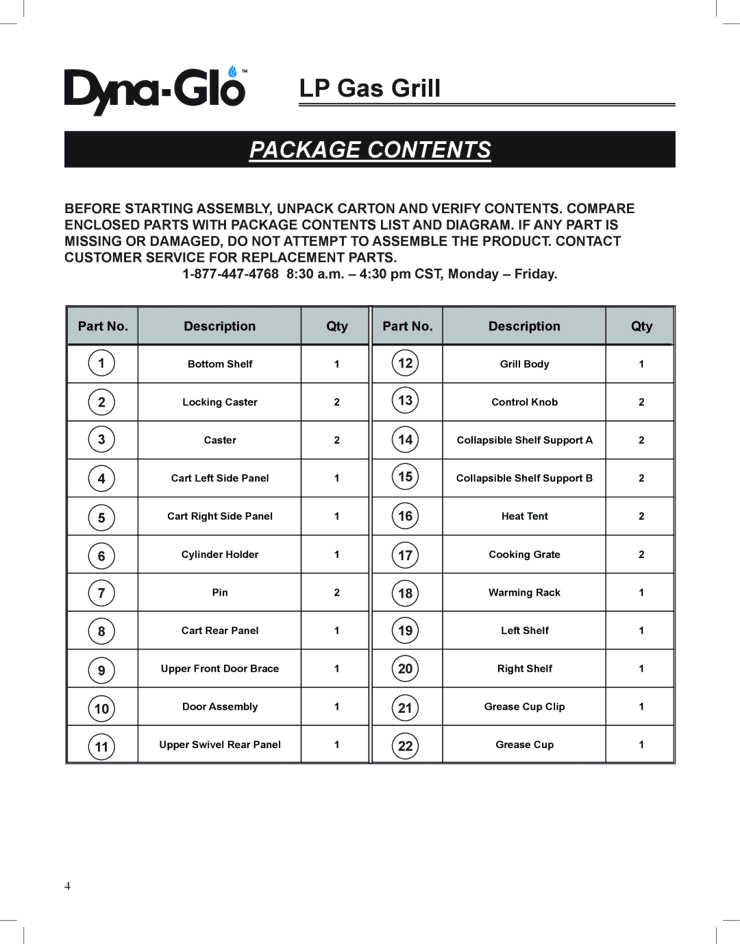 Dyna-Glo DGP350NP-D user manual Package Contents 