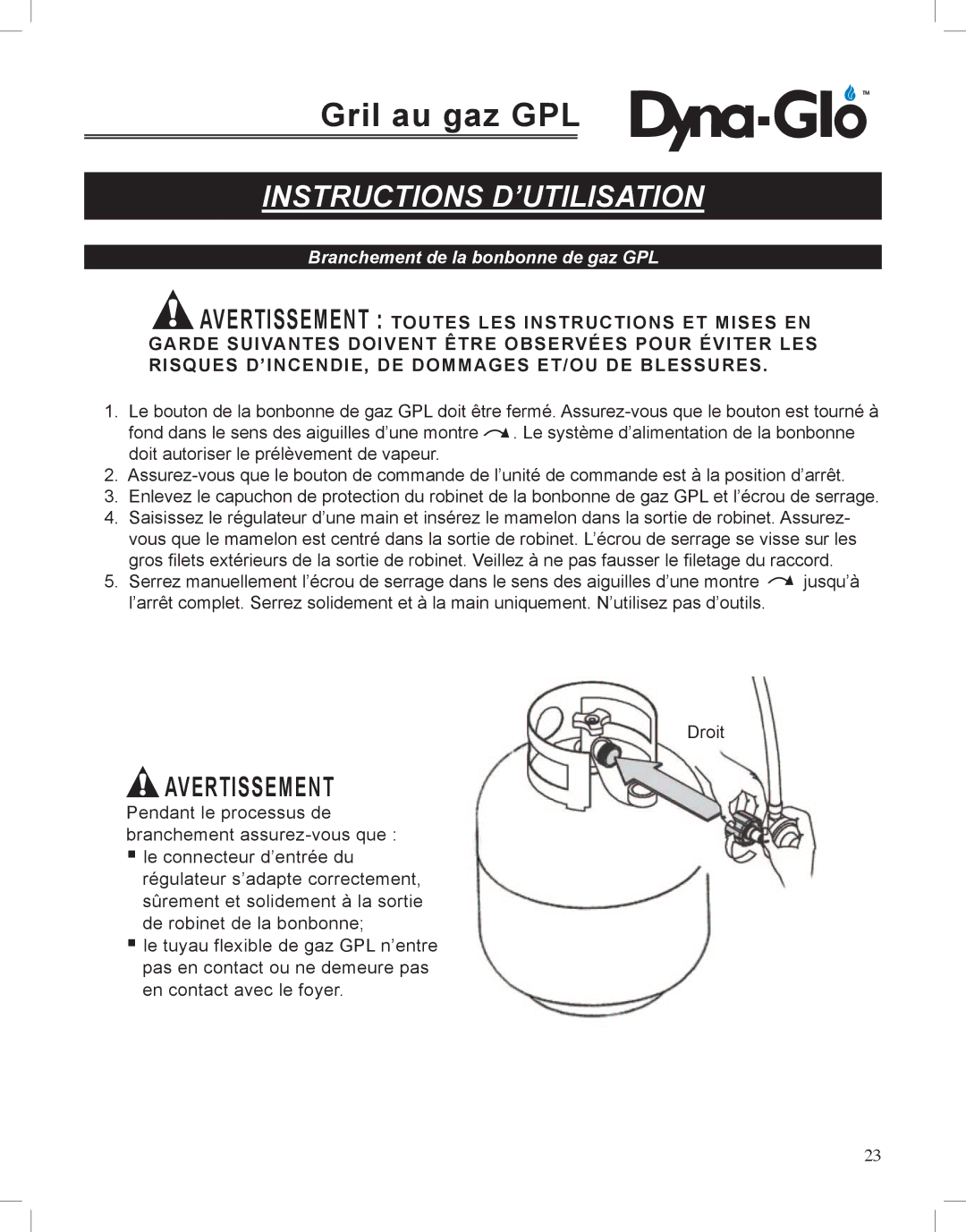 Dyna-Glo DGP350NP-D user manual Branchement de la bonbonne de gaz GPL 