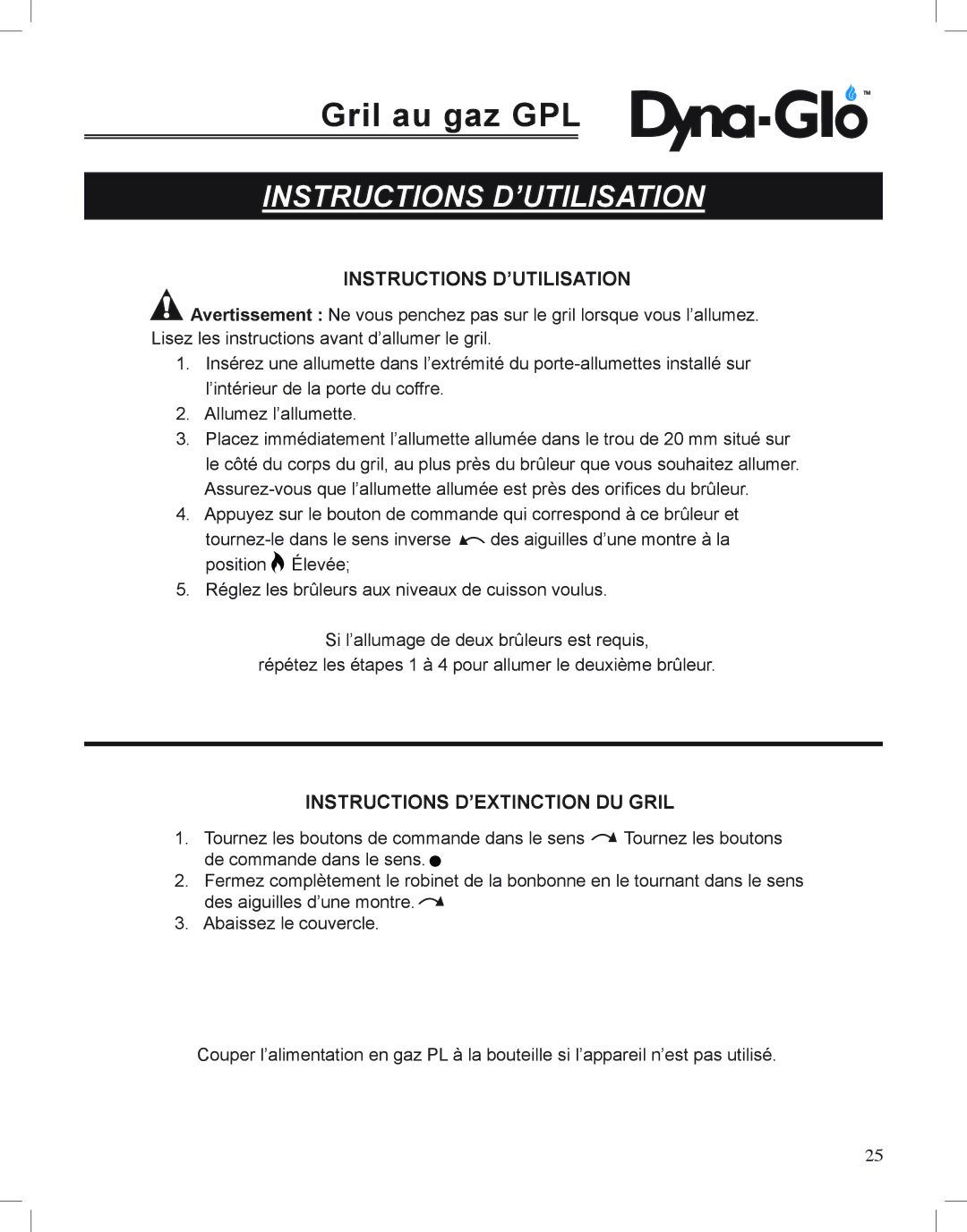 Dyna-Glo DGP350NP-D user manual Instructions D’UTILISATION 