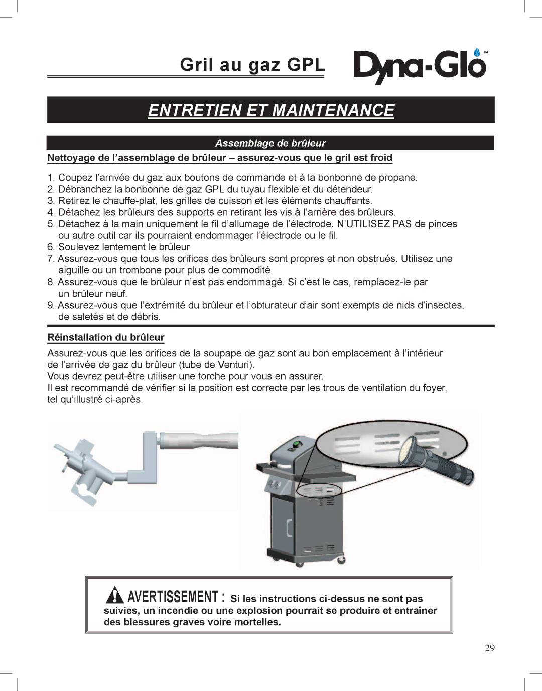 Dyna-Glo DGP350NP-D user manual Réinstallation du brûleur 