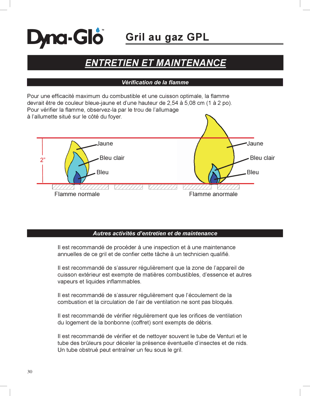 Dyna-Glo DGP350NP-D user manual Vérification de la flamme, Autres activités d’entretien et de maintenance 