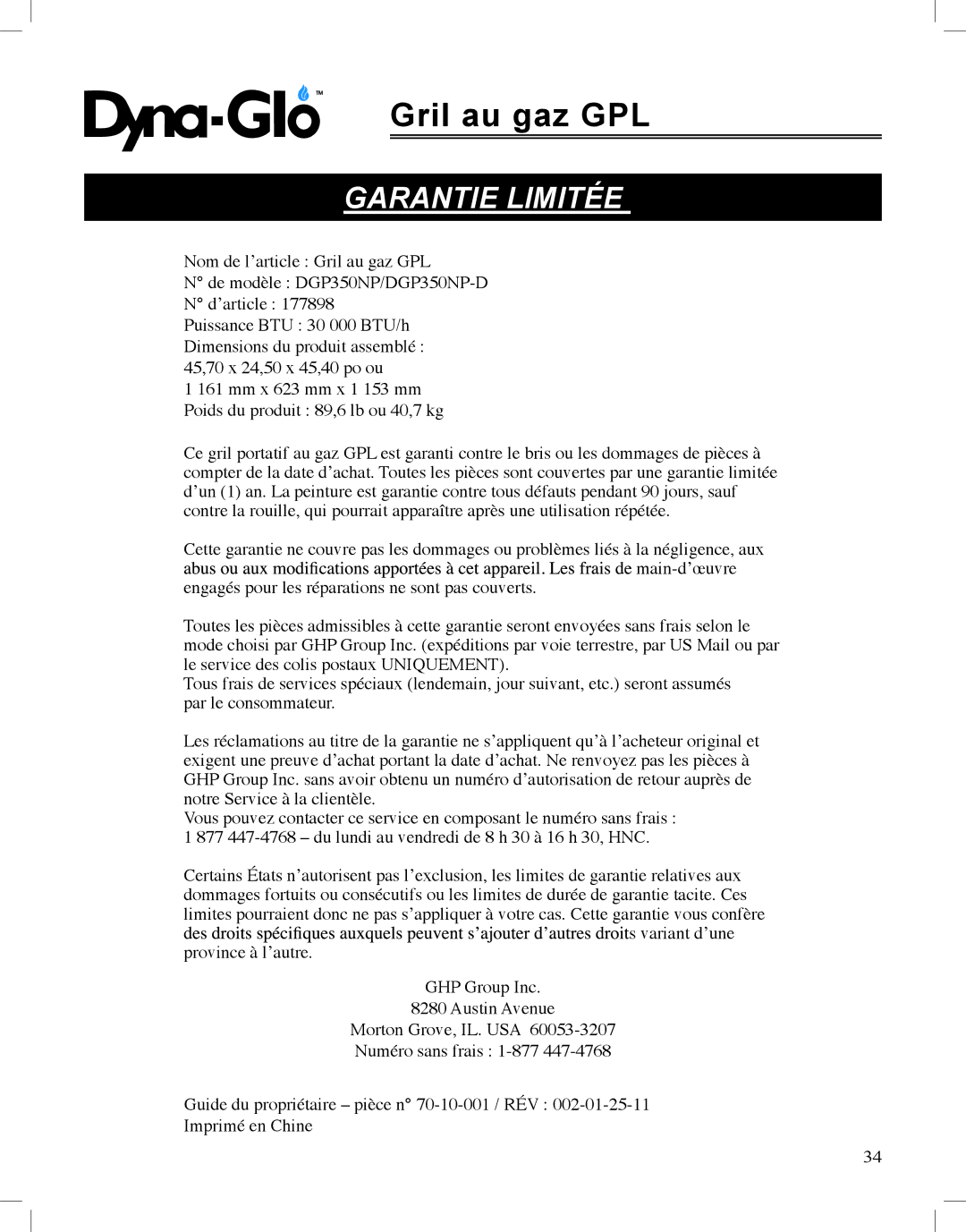 Dyna-Glo DGP350NP-D user manual Garantie Limitée 