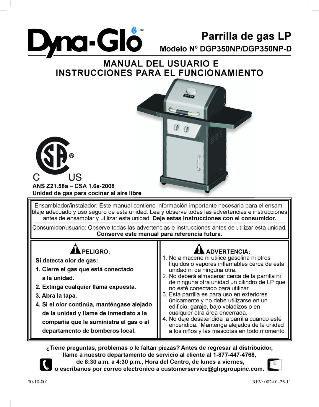 Dyna-Glo DGP350NP-D user manual Parrilla de gas LP, Conserve este manual para referencia futura 