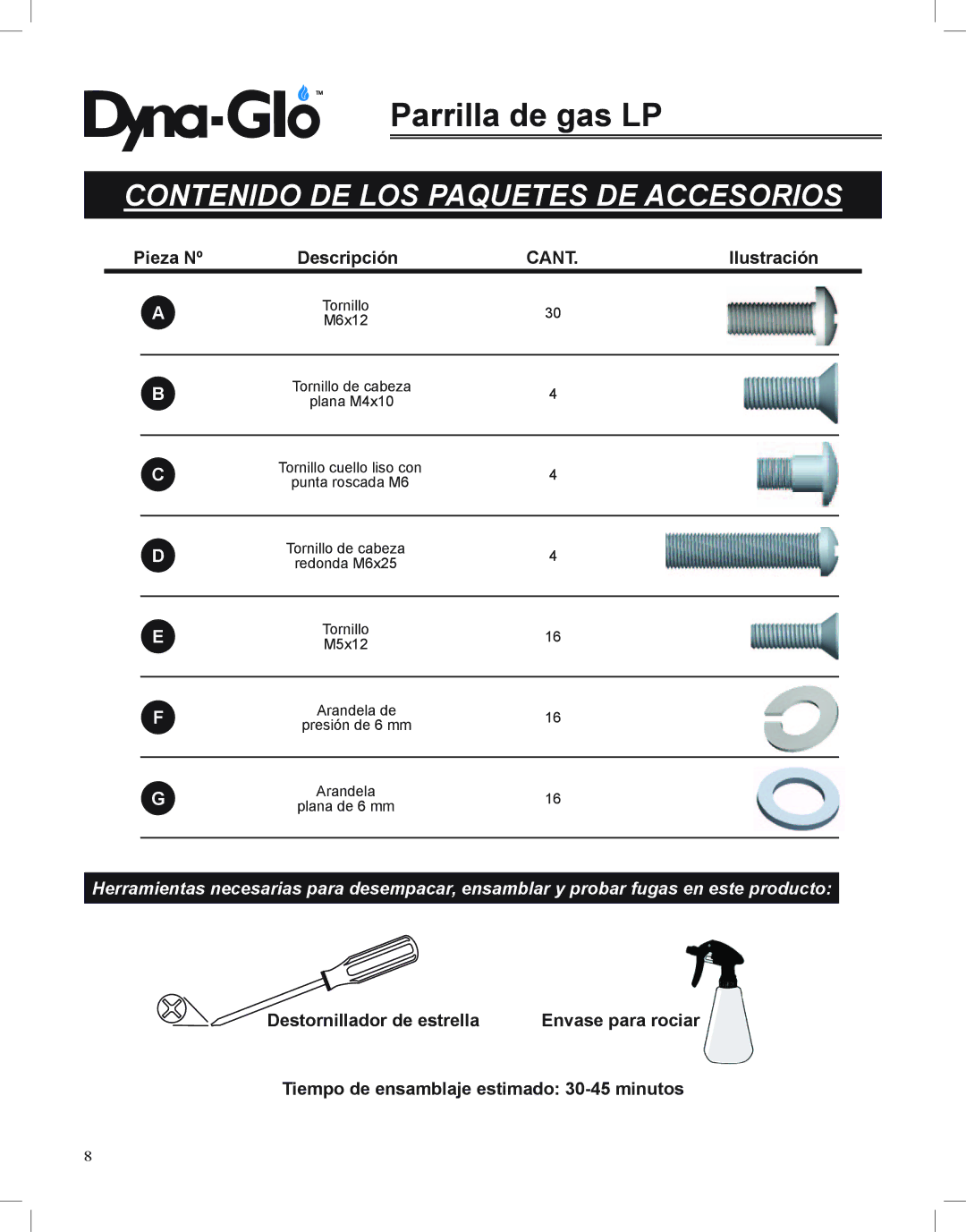 Dyna-Glo DGP350NP-D user manual Contenido DE LOS Paquetes DE Accesorios, Pieza Nº Descripción, Ilustración 