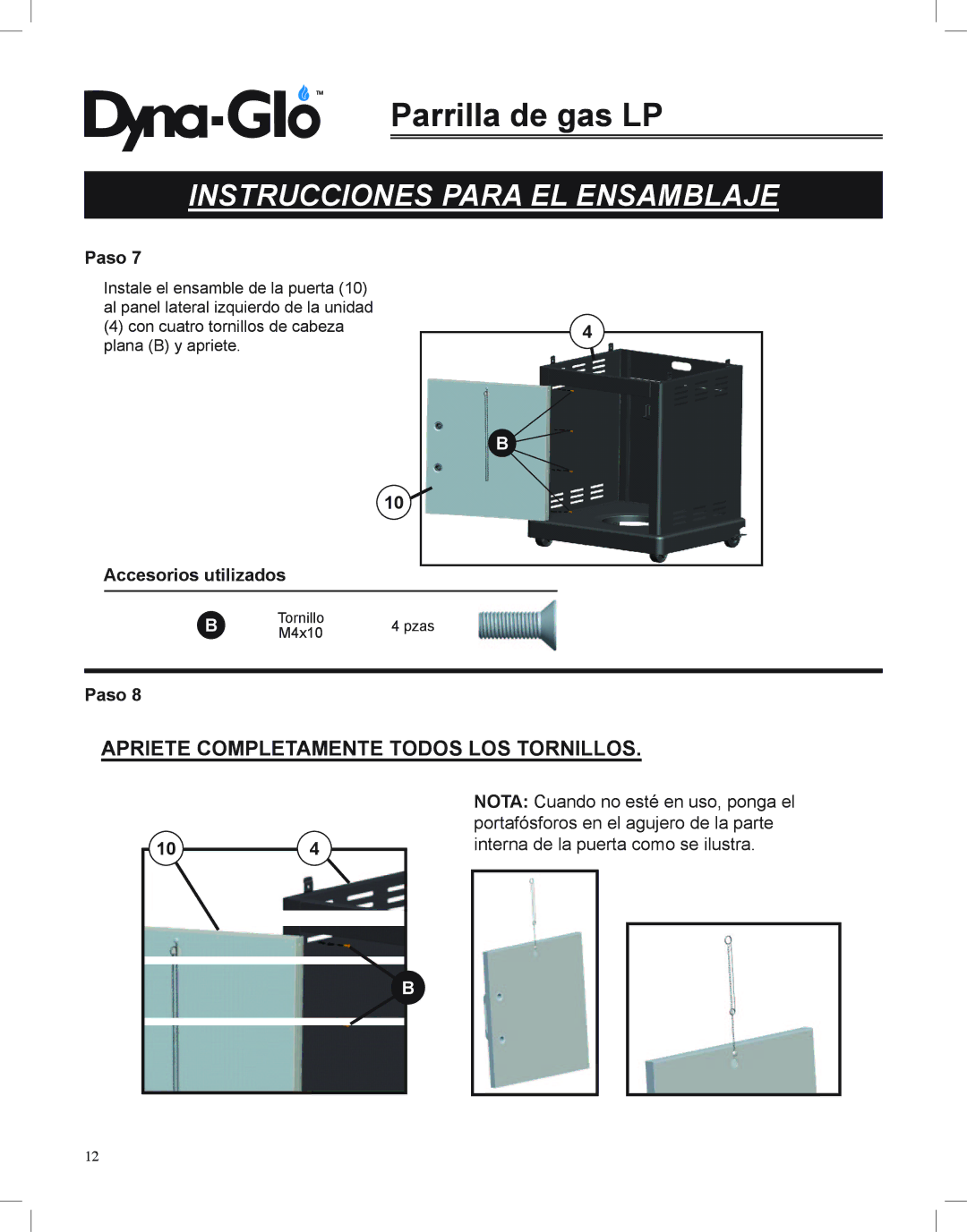 Dyna-Glo DGP350NP-D user manual Apriete Completamente Todos LOS Tornillos 