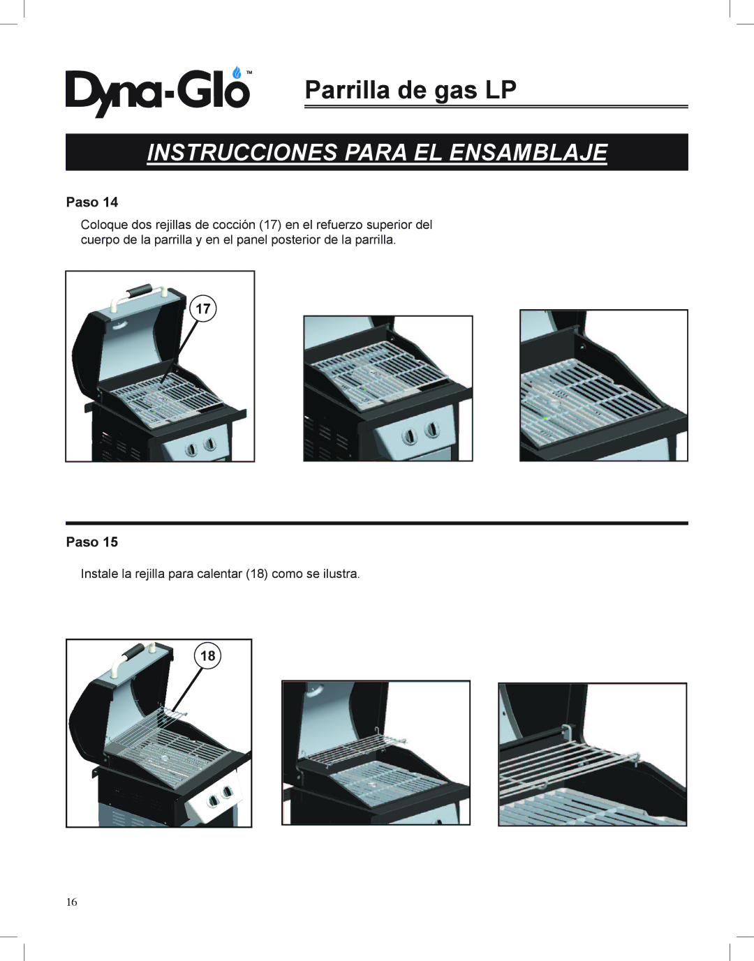 Dyna-Glo DGP350NP-D user manual Instale la rejilla para calentar 18 como se ilustra 