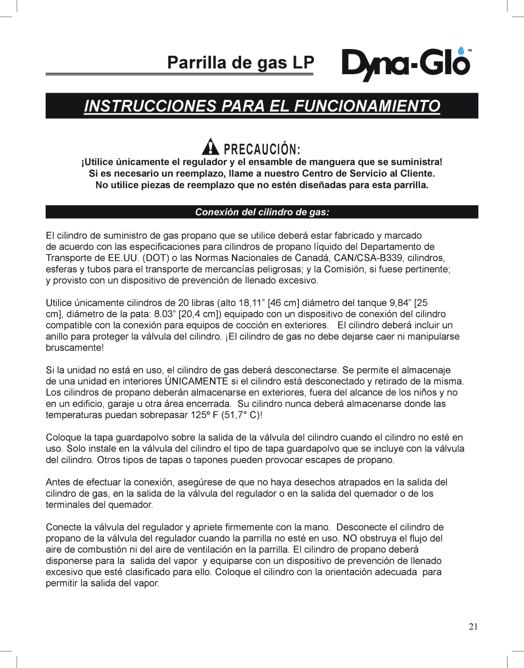 Dyna-Glo DGP350NP-D user manual Instrucciones Para EL Funcionamiento, Conexión del cilindro de gas 