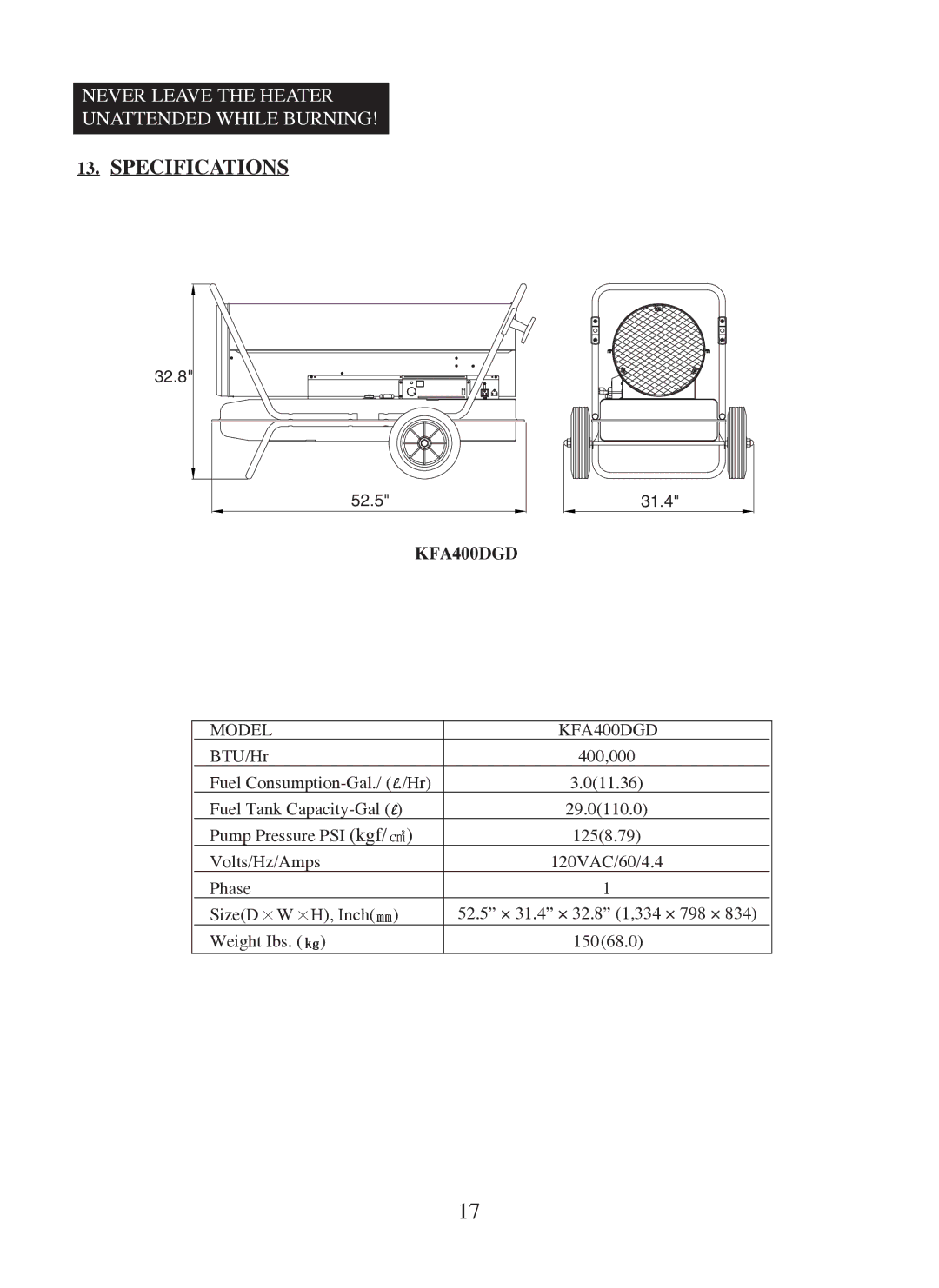 Dyna-Glo KFA400DGD user manual Specifications 