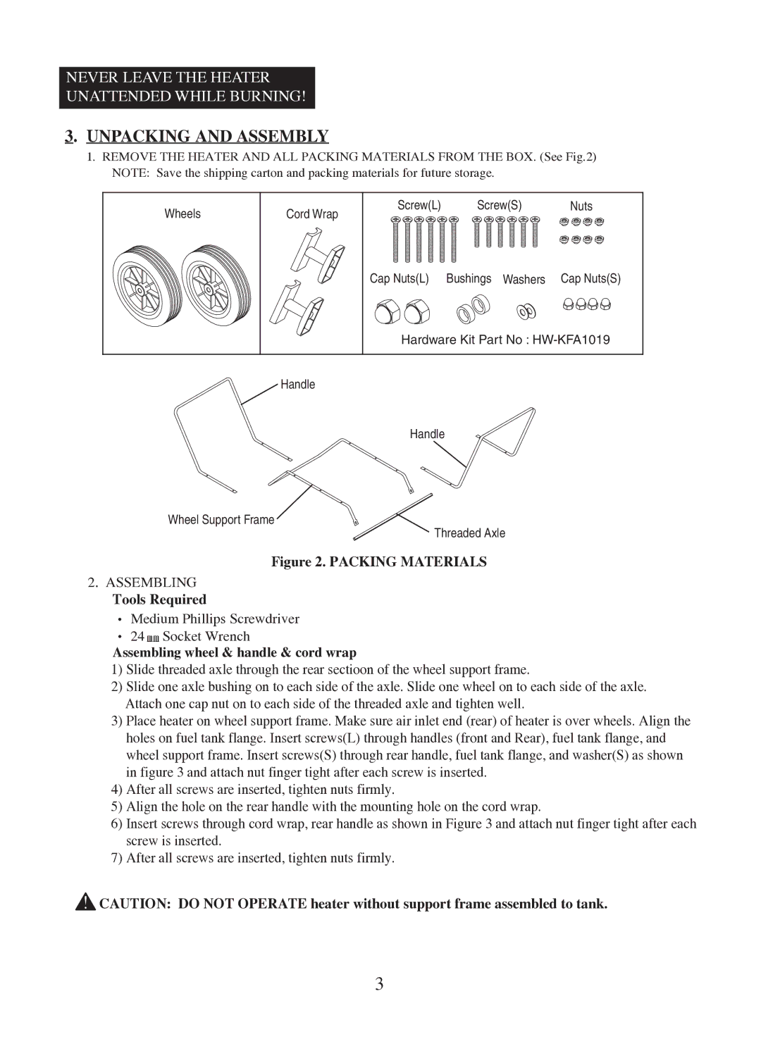 Dyna-Glo KFA400DGD user manual Unpacking and Assembly, Assembling wheel & handle & cord wrap 