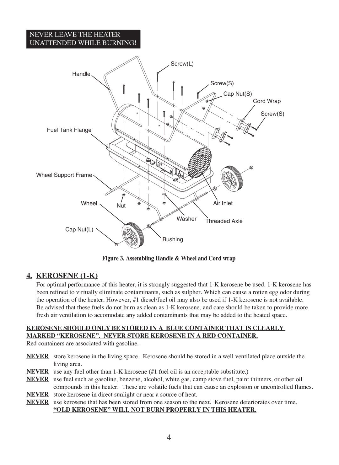 Dyna-Glo KFA400DGD user manual Kerosene 1-K, Never Leave the Heater Unattended While Burning 