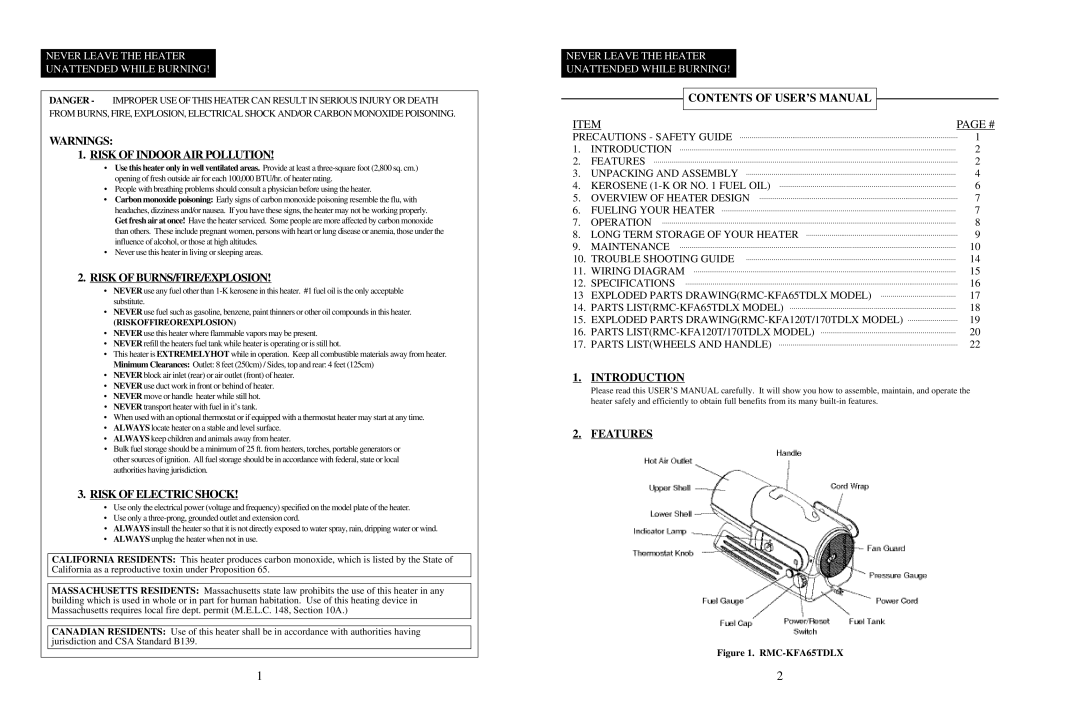 Dyna-Glo RMC-KFA120TDLX, RMC-KFA170TDLX Risk of Indoor AIR Pollution, Risk of BURNS/FIRE/EXPLOSION, Risk of Electric Shock 