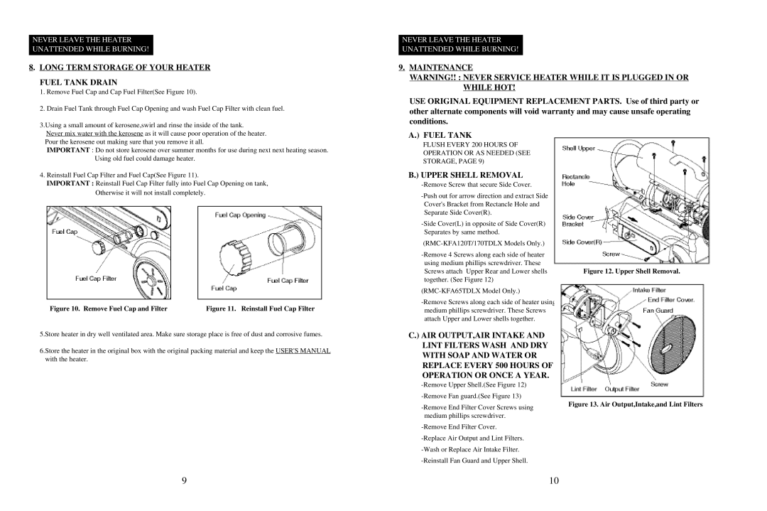 Dyna-Glo RMC-KFA120TDLX, RMC-KFA170TDLX Long Term Storage of Your Heater Fuel Tank Drain, Maintenance, Upper Shell Removal 