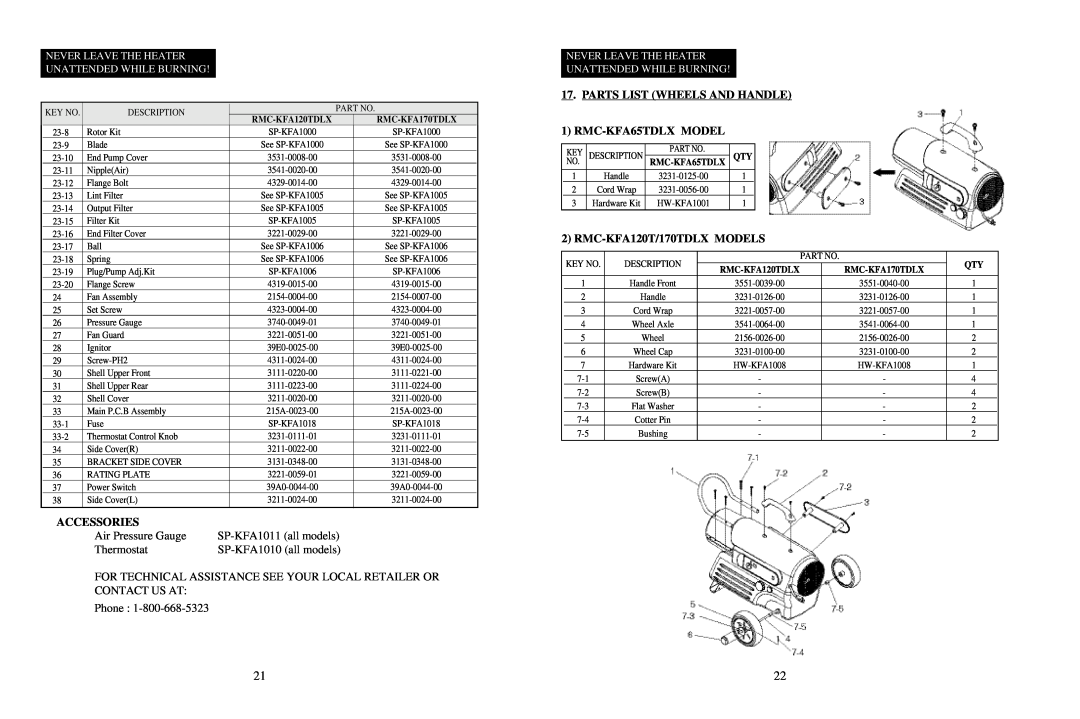 Dyna-Glo RMC-KFA120TDLX, RMC-KFA170TDLX Accessories, Air Pressure Gauge, SP-KFA1011all models, Thermostat, Phone 