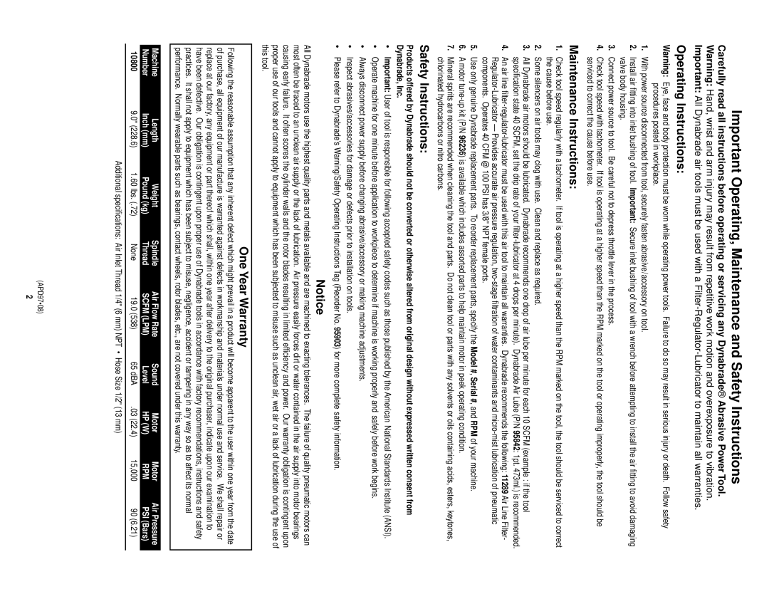 Dynabrade 10800 Important Operating, Maintenance and Safety Instructions, Operating Instructions, Maintenance Instructions 