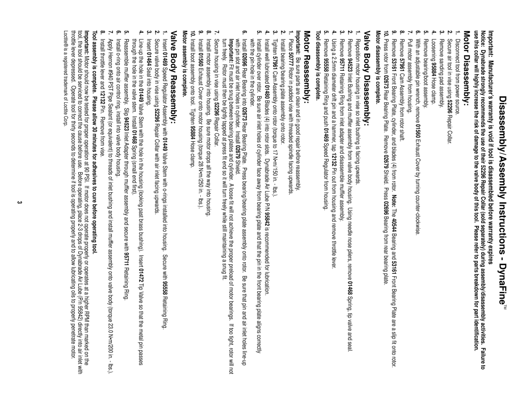 Dynabrade 10800 Disassembly/Assembly Instructions DynaFineTM, Motor Disassembly, Valve Body Disassembly, Motor Reassembly 
